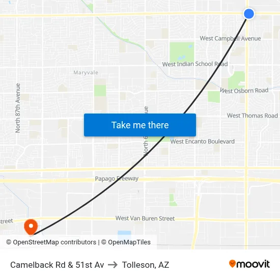 Camelback Rd & 51st Av to Tolleson, AZ map