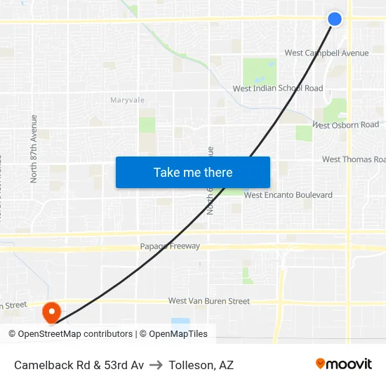 Camelback Rd & 53rd Av to Tolleson, AZ map