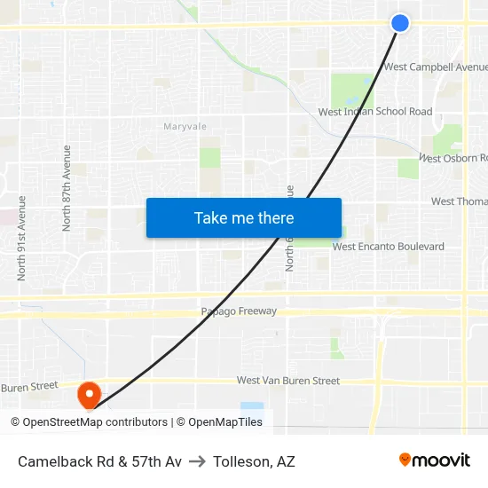 Camelback Rd & 57th Av to Tolleson, AZ map