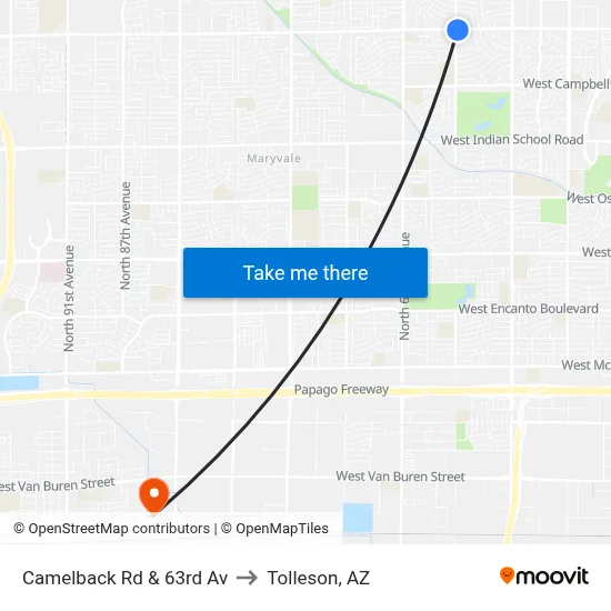 Camelback Rd & 63rd Av to Tolleson, AZ map