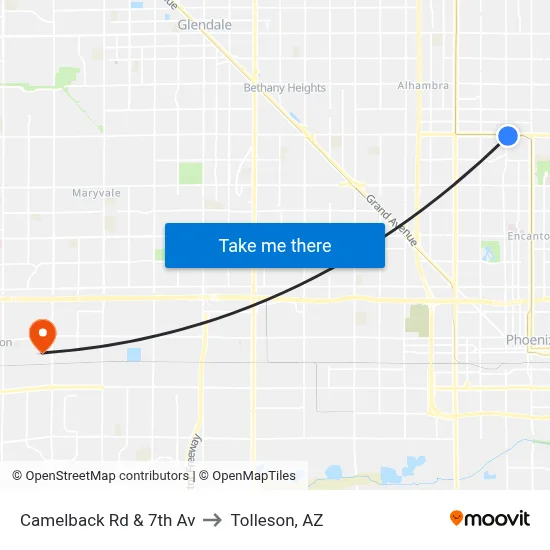 Camelback Rd & 7th Av to Tolleson, AZ map