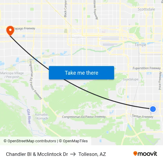Chandler Bl & Mcclintock Dr to Tolleson, AZ map