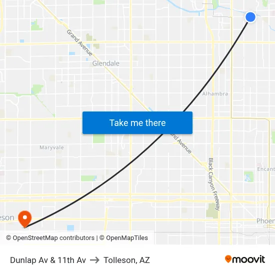 Dunlap Av & 11th Av to Tolleson, AZ map