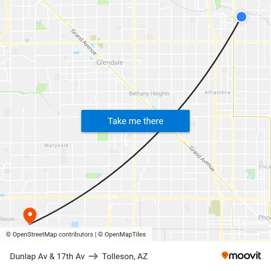 Dunlap Av & 17th Av to Tolleson, AZ map