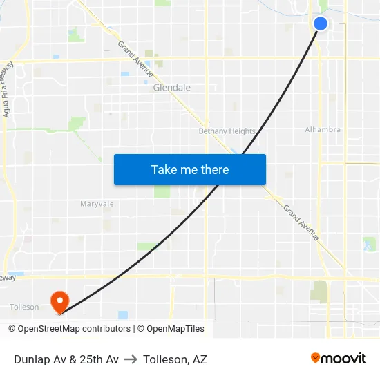 Dunlap Av & 25th Av to Tolleson, AZ map