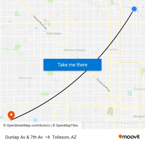 Dunlap Av & 7th Av to Tolleson, AZ map
