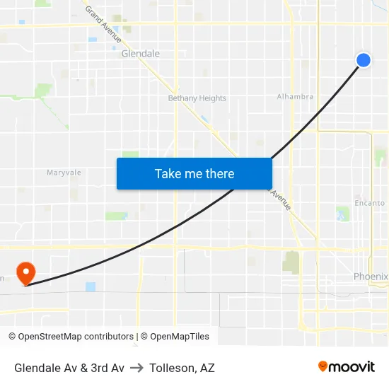 Glendale Av & 3rd Av to Tolleson, AZ map