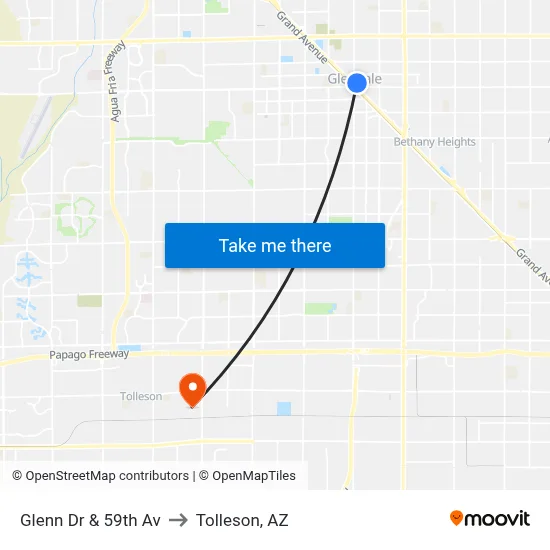 Glenn Dr & 59th Av to Tolleson, AZ map