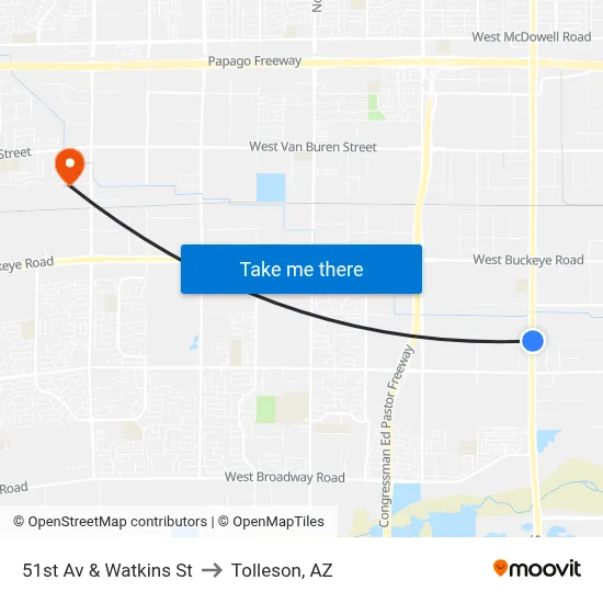 51st Av & Watkins St to Tolleson, AZ map