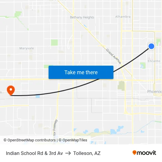 Indian School Rd & 3rd Av to Tolleson, AZ map