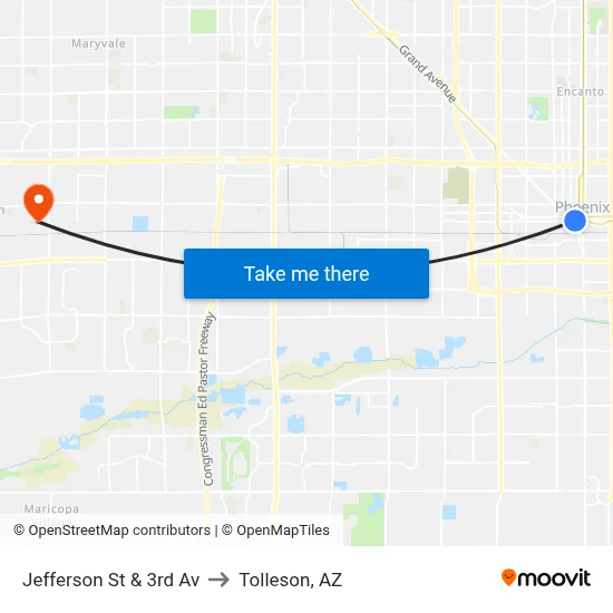 Jefferson St & 3rd Av to Tolleson, AZ map