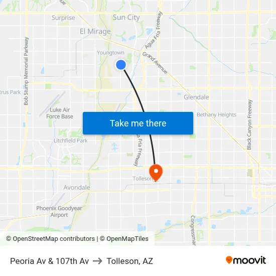 Peoria Av & 107th Av to Tolleson, AZ map