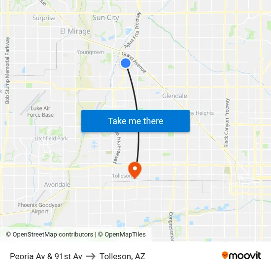 Peoria Av & 91st Av to Tolleson, AZ map