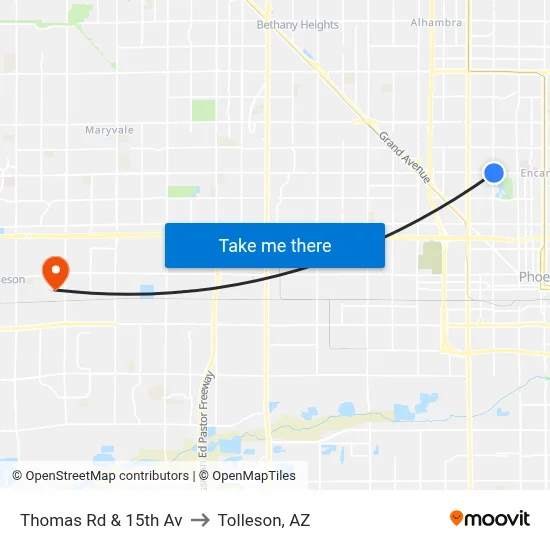 Thomas Rd & 15th Av to Tolleson, AZ map