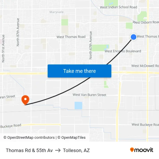 Thomas Rd & 55th Av to Tolleson, AZ map
