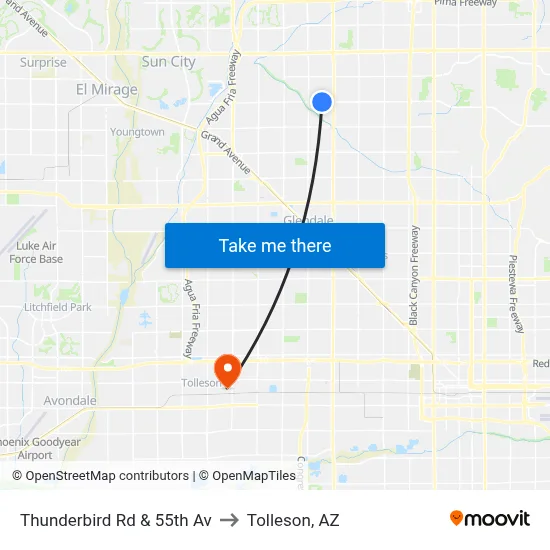 Thunderbird Rd & 55th Av to Tolleson, AZ map