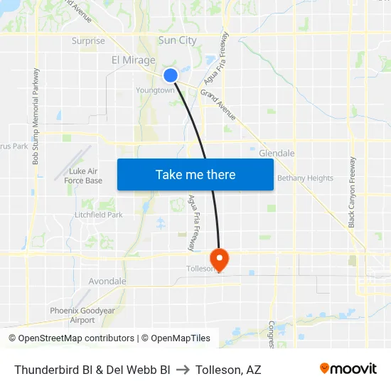 Thunderbird Bl & Del Webb Bl to Tolleson, AZ map