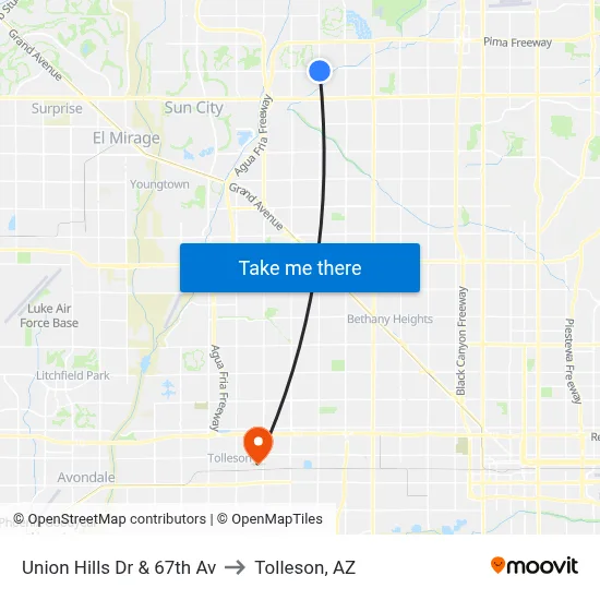 Union Hills Dr & 67th Av to Tolleson, AZ map