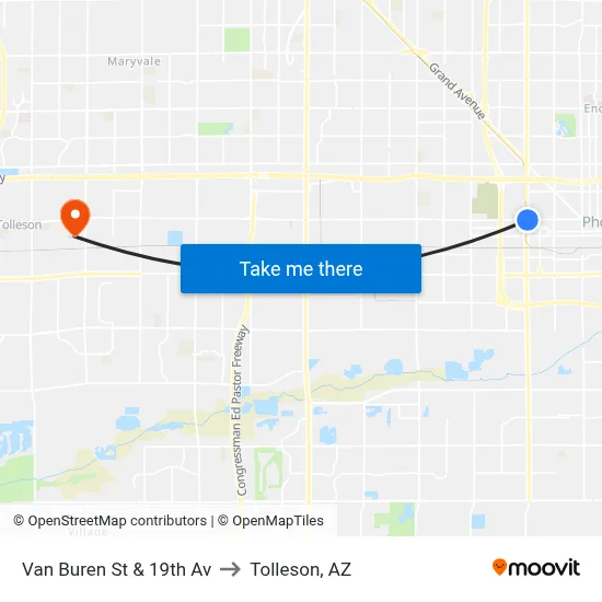 Van Buren St & 19th Av to Tolleson, AZ map