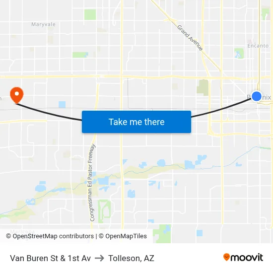 Van Buren St & 1st Av to Tolleson, AZ map