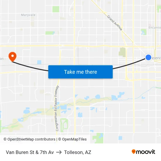 Van Buren St & 7th Av to Tolleson, AZ map