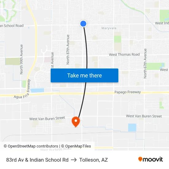 83rd Av & Indian School Rd to Tolleson, AZ map