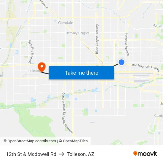 12th St & Mcdowell Rd to Tolleson, AZ map