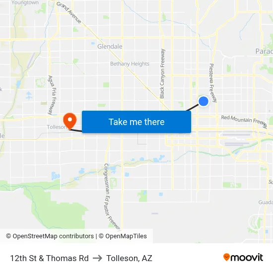 12th St & Thomas Rd to Tolleson, AZ map