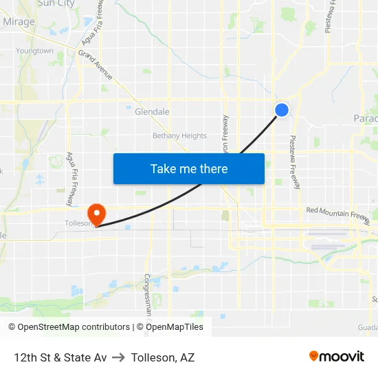 12th St & State Av to Tolleson, AZ map