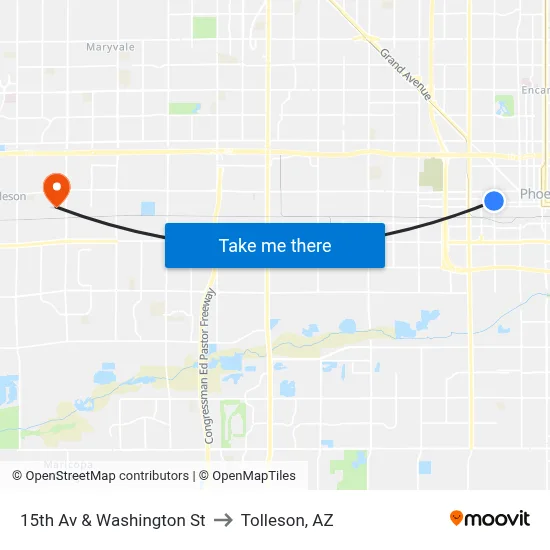 15th Av & Washington St to Tolleson, AZ map