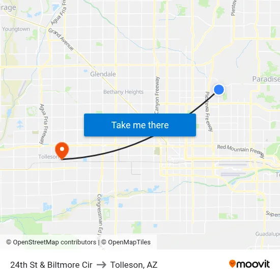 24th St & Biltmore Cir to Tolleson, AZ map