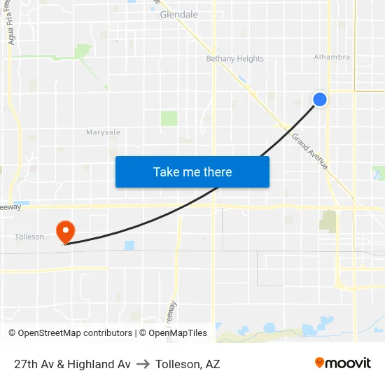 27th Av & Highland Av to Tolleson, AZ map