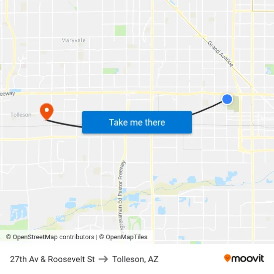 27th Av & Roosevelt St to Tolleson, AZ map