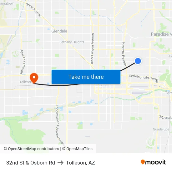 32nd St & Osborn Rd to Tolleson, AZ map