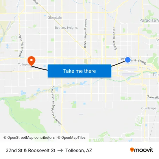 32nd St & Roosevelt St to Tolleson, AZ map