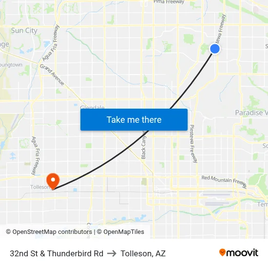 32nd St & Thunderbird Rd to Tolleson, AZ map