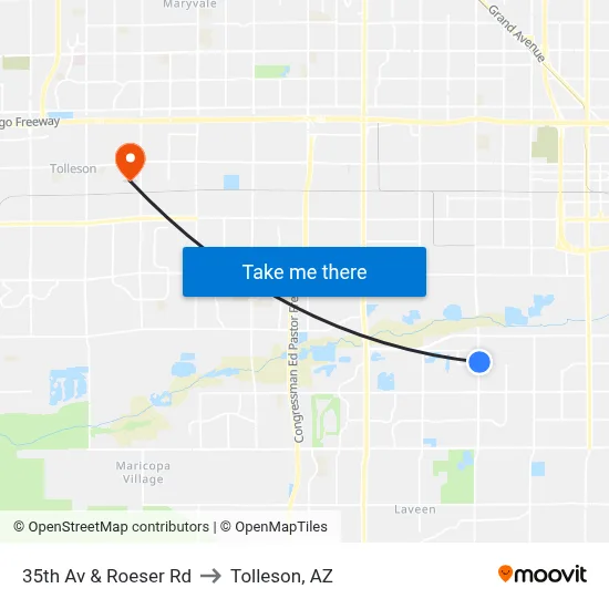 35th Av & Roeser Rd to Tolleson, AZ map