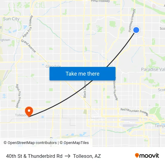 40th St & Thunderbird Rd to Tolleson, AZ map