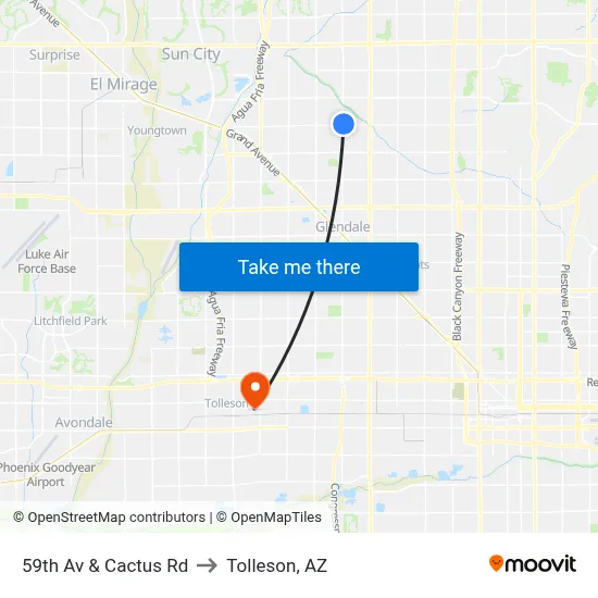 59th Av & Cactus Rd to Tolleson, AZ map