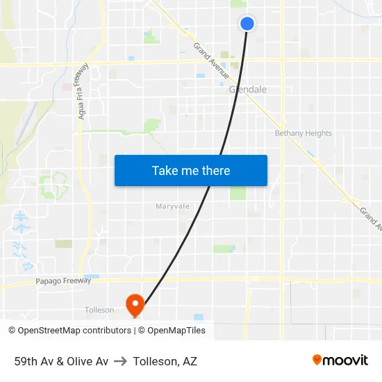 59th Av & Olive Av to Tolleson, AZ map