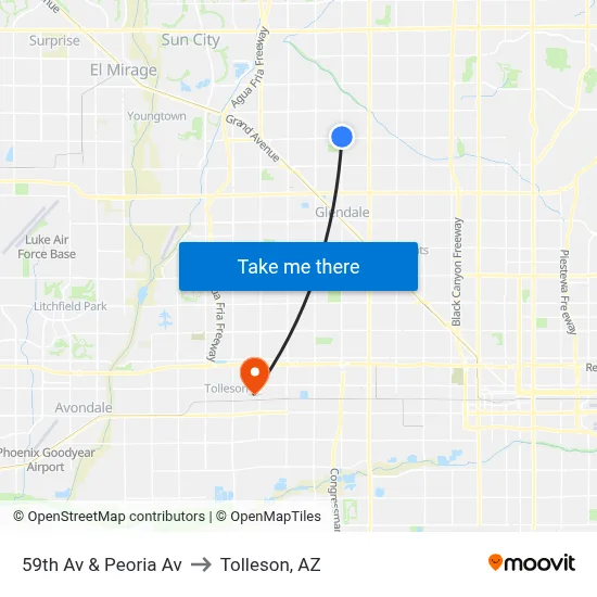 59th Av & Peoria Av to Tolleson, AZ map