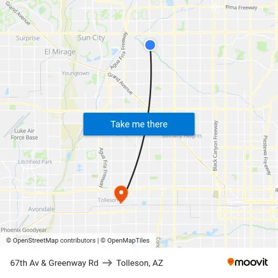 67th Av & Greenway Rd to Tolleson, AZ map