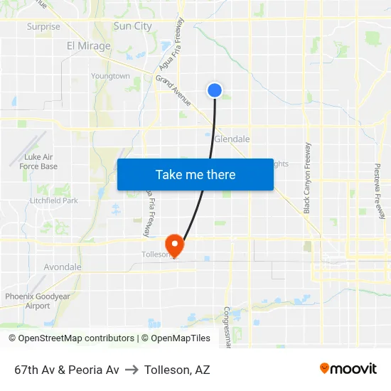 67th Av & Peoria Av to Tolleson, AZ map
