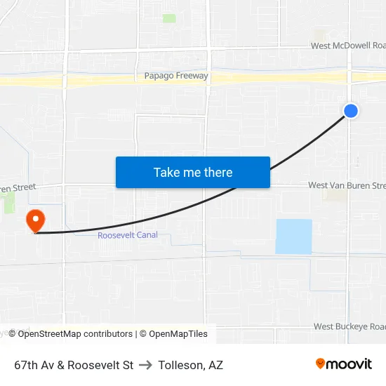67th Av & Roosevelt St to Tolleson, AZ map
