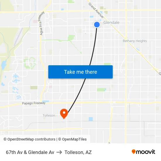 67th Av & Glendale Av to Tolleson, AZ map