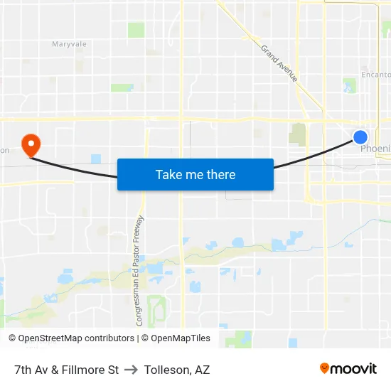 7th Av & Fillmore St to Tolleson, AZ map