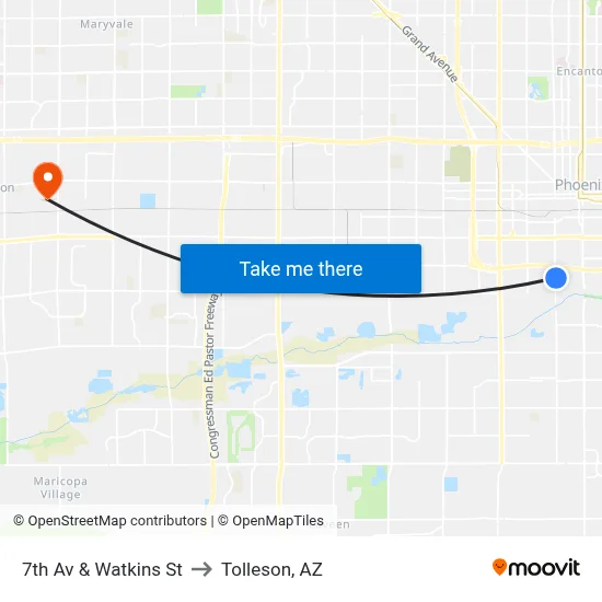 7th Av & Watkins St to Tolleson, AZ map