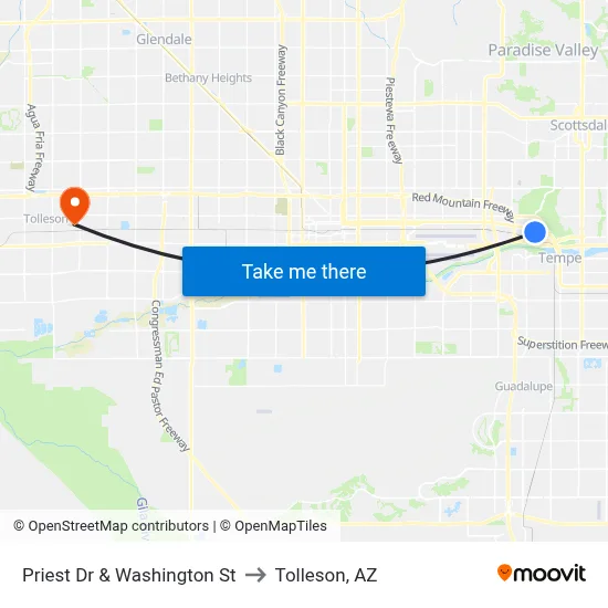 Priest Dr & Washington St to Tolleson, AZ map