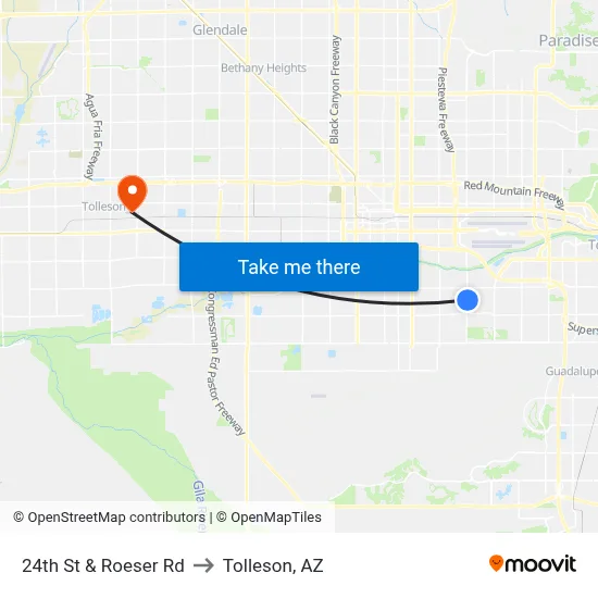 24th St & Roeser Rd to Tolleson, AZ map