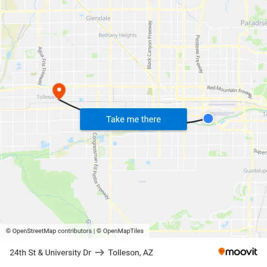 24th St & University Dr to Tolleson, AZ map